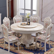 欧式餐桌白色大理石小户型吃饭圆桌子家用带，转盘实木圆形餐椅组合