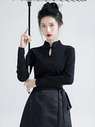 黑色立领打底衫女秋冬修身气质，长袖t恤新中式，配马面裙的上衣
