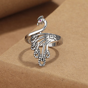 s925银复古民族风孔雀，戒指做旧工艺男开口可调节个性创意食指饰品