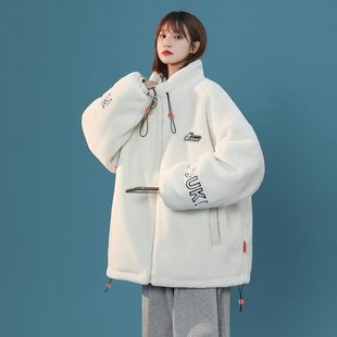 冬季高级感百搭羊羔绒，宽松卫衣棉衣夹克，外套女潮棉服加厚防寒