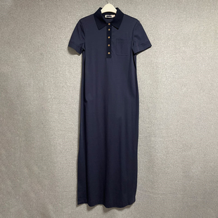 欧美时尚夏季女神范翻领(范翻领，)深蓝色通勤宽松腰棉质长款短袖连衣裙