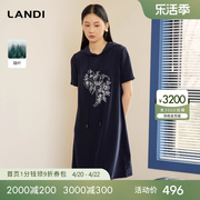 landi蓝地藏蓝色休闲风醋酸，印花宽松连帽中长连衣裙女2024夏