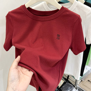 纯棉红色短袖女t恤正肩刺绣，修身2024夏季百搭半袖洋气上衣小领口