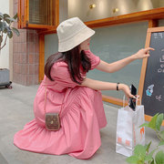 2023年仙女薄款高级感法式初恋甜美气质粉色泡泡袖打底连衣裙