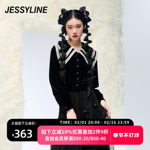 杰茜莱时尚黑色娃娃领休闲衬衫女装秋季长袖衬衣潮 jessyline