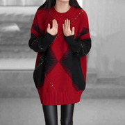Pasinoe香港新年红色毛衣女冬拼色半高领宽松显瘦百搭中长款
