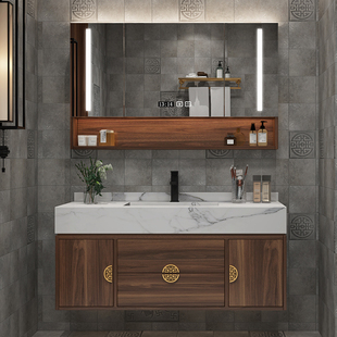 新中式实木大理石浴室柜，智能组合卫生间洗手池，洗脸盆柜洗漱台定制