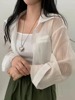 韩国chic夏季慵懒风宽松雪纺，衫单排扣抽绳收腰短款防晒衬衫外套女