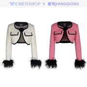 姜穹jiangqiong鸵鸟，毛饰袖丝绒撞边玫瑰，外套chenshop设计师品牌
