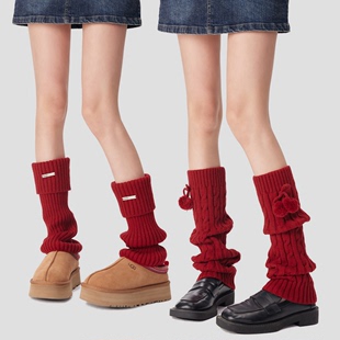 新年本命年红袜套女秋冬保暖小腿堆堆袜y2k辣妹红色毛线针织腿套