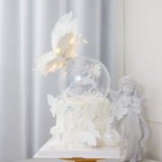 水晶球幻彩麋鹿蛋糕装饰摆件白色带灯羽毛蝴蝶翅膀生日甜品台配件