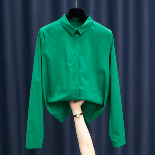 春装衬衣时尚糖果色欧货宝石，绿色衬衫女设计感港风上衣