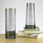 北欧欧式玻璃花器餐桌客厅家居装饰品烟灰色干花容器描金花瓶摆件
