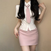 韩版短袖衬衫修身高腰防走光打底包臀裙粉色半身裙，学院短裙套装夏