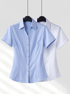职业白衬衫女高级感短袖夏季2024工作服套装工装半袖蓝色衬衣