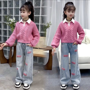 女童韩版假两件衬衫毛衣2024春季甜酷儿童毛巾绣牛仔裤两件套
