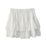 自制夏季法式复古芭蕾风纯棉刺绣荷叶边蛋糕裙白色半身裙短裙