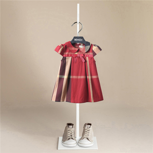 伯米吉女童蝴蝶结娃娃领连衣裙，宝宝儿童装红色，纯棉短袖洋气格子裙