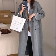 韩版女士长款西服领双面羊毛纯色气质宽松双排，扣长袖中长款大衣