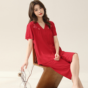 红色睡衣女夏季纯棉短袖七分裤2024年宽松薄款丝光棉结婚套装