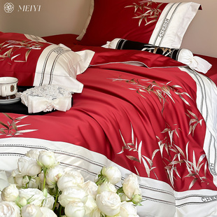 中式风绣花婚庆，100s长绒棉床单四件套全棉纯棉，喜被罩结婚床上用品