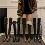 冬季真皮过膝长靴，女高筒皮带扣加绒保暖厚毛靴子，棕色显瘦平底女靴