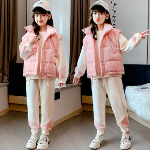 女童秋冬套装2023冬季洋气网红女孩韩版马甲卫衣加厚三件套装
