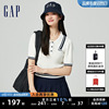 Gap女装2024春夏LOGO撞色条纹泡泡袖翻领针织衫短上衣891736