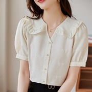 杏色衬衫女2024夏季韩版蝴蝶结显瘦短袖设计感高级感职业上衣