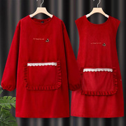 灯芯绒罩衣大人女士新年红色秋冬围裙厨房家用长袖专用工作服
