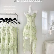 2024女夏季仙女绿色，套装裙子带胸垫吊带裙，薄荷曼波法式连衣裙