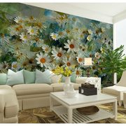 客厅壁画小雏菊电视背景墙纸法式复古壁纸艺术油画花朵田园风墙布