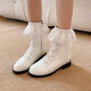 女短筒靴秋冬圆头坡跟，高跟蕾丝前系带，中筒靴甜美公主女短靴子