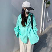 自制湖绿色长袖衬衫女宽松日系，学院风设计感高级慵懒风，2023夏衬衣(夏衬衣)