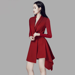 高端女装秋冬显瘦修身酒红色长袖中长款不对称礼服裙小西装