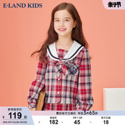 elandkids衣恋童装女童，甜美复古学院风海军风蝴蝶结，格子长袖衬衫