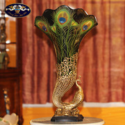 美式陶瓷配铜孔雀花瓶工艺品复古瓷器花插家居饰品软装大摆件