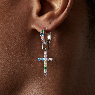 icegang十字架耳环s925欧美彩色，锆石耳钉套装，组合纯银针嘻哈超闪