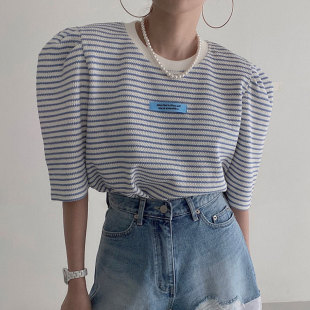 韩国chic夏季气质百搭圆领撞色包边，字母贴布泡泡袖条纹t恤上衣女