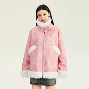 kingprince粉色麂皮，外套2023秋冬宽松保暖皮夹克，皮衣女