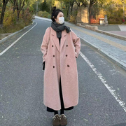 2023秋冬季韩系双面羊绒大衣女中长款今年流行粉色羊毛呢外套