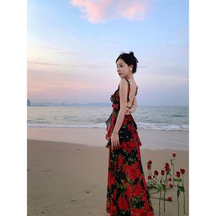 法式复古优雅红玫瑰V领性感露背吊带长裙旅游度假雪纺碎花沙滩裙