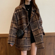 毛呢大衣女士春季韩国复古中长款小个子时尚，百搭加厚格子西装外套