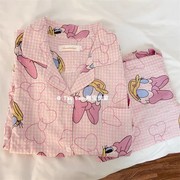 春秋季纯棉睡衣女可爱卡通粉色黛西鸭长袖长裤开衫韩版家居服套装