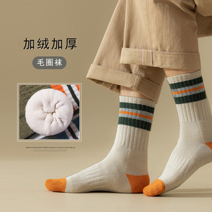 秋冬季保暖中筒毛圈底加厚运动袜男款条纹白色复古潮流休闲棉袜子