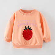 女童卫衣春秋款桔色草莓套头衫儿童宝宝长袖圆领纯棉打底上衣洋气