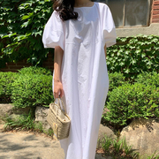 韩国chic夏季复古慵懒风，圆领侧边口袋宽松灯笼袖长款休闲连衣裙女