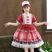 童甜美洋装表演女印花短袖雪纺蝴蝶结裙子，红色公主裙100%连衣裙