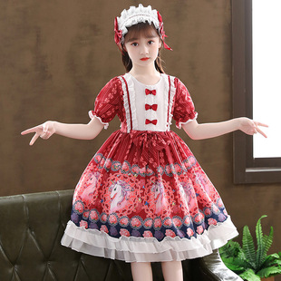 童甜美洋装表演女印花短袖雪纺蝴蝶结裙子红色公主裙100%连衣裙
