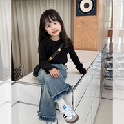 艾摩贝贝中大小女童设计感百褶袖内搭上衣儿童，韩版黑色圆领打底衫